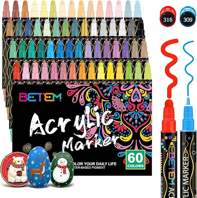 Betem 60 Colors Dual Tip Acrylic Paint Pens Markers, Premium Acrylic Paint Markers Stocking Stuffers for Rock, Wood, Fabric, Glass, Canvas, Ceramic, Christmas Gifts for Teens DIY Crafts Art Supplies