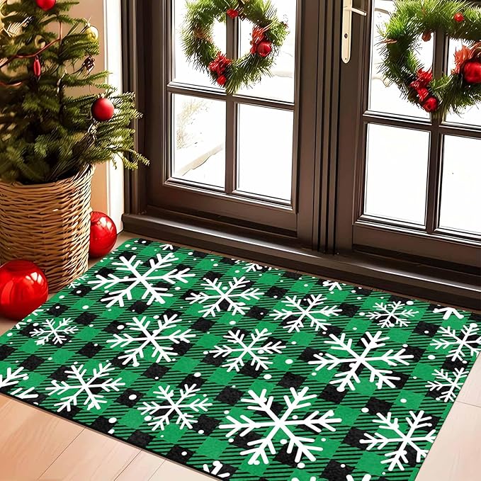 Merry Christmas Door Mat Xmas Snowflakes Doormat Non Slip Rubber Entry Front Porch Rugs Green Plaid Welcome Mats for Christmas Indoor Outdoors, 16" x 24" Inch