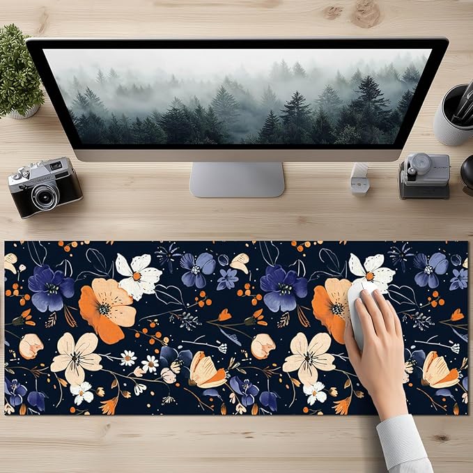 Large Mouse Pad 31.5 x 11.8 Inch Dark Floral Desk Mat Extended Keyboard Mousepad Non Slip Waterproof Desk Pad with Orange White Purple Flowers for Home Office Gaming