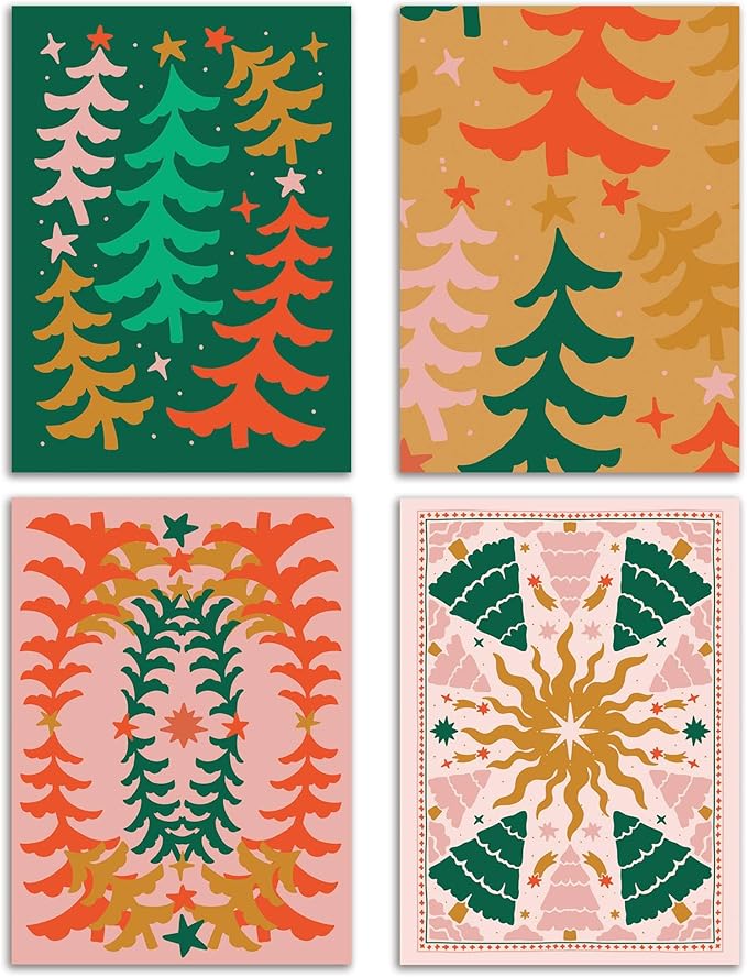 Ritzy Rose 24-Pack Retro Christmas Greeting Cards with White Envelopes – 4 Boho Scandinavian Inspired Designs – Vintage Holiday Tree Motifs, Festive Artistic Stationery, Premium Box Set Holiday Cards.