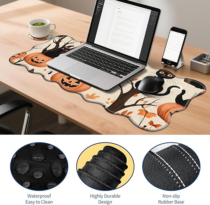 4-Piece XXL Gaming Mouse Pad Set (31.5"x11.8") with Keyboard Wrist Rest,Mouse Wrist Support & Coaster,Ergonomic Non-Slip Desk Mat for Office & Home,Black Cats Pumpkins