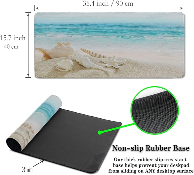 Office Desk Mat Keyboard Pad, Gaming Mouse Pad Large Desk Pad, The Desk Mat Waterproof Non-Slip Rubber Base, 35.4 X 15.7 inch for Work/Game/Office/Home Seashells, Ocean Seashells Sandy Beach