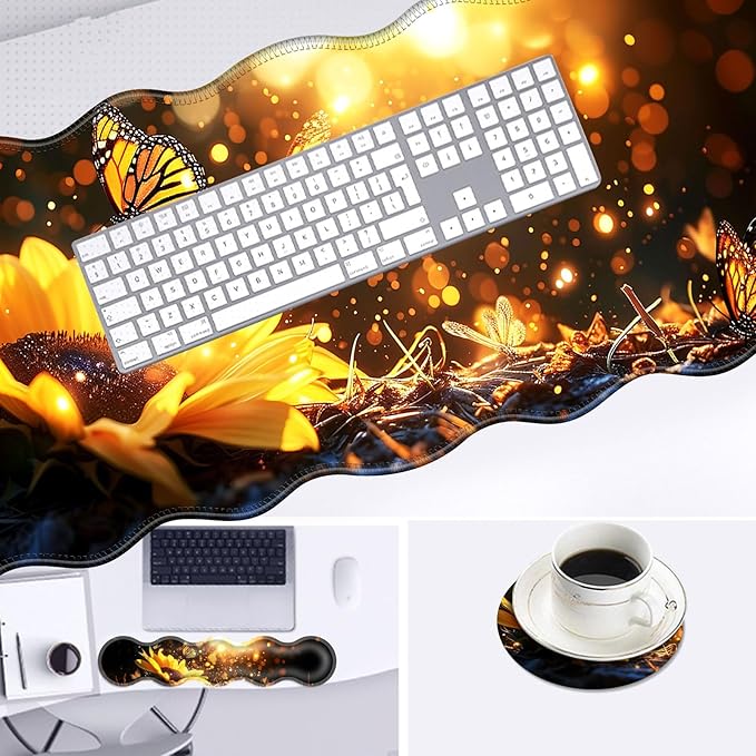 Large Mouse Pad and Keyboard Wrist Rest, Desk Pad for Keyboard and Mouse, 4-in-1 Large Gaming Mouse Pad with Wrist Support, Desk Mat for Home Office Study Game-Sunflower and Butterflies