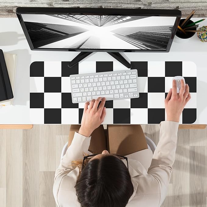 Non-Slip Checkered Desk Mat, Waterproof PU Leather Protector, Large Blotter, Easy Clean Laptop Writing Mat for Work/Home/Decor (31.5"x12", White Black)