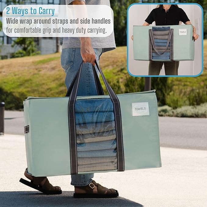 VENO 8 Pack Moving Bags, Moving Supplies, Moving Boxes, College Packing Storage Boxes with Lids Alternative, Heavy Duty Totes, Extra Large, Sturdy Handles, Zipper (Light Green with Window, 8 Pack)