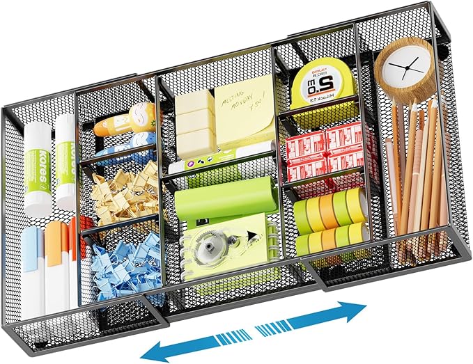 Marbrasse Expandable Desk Drawer Organizer, Mesh Drawer Organizer Tray with 10 Adjustable Compartments, Desk Organizers and Accessories for Office Supplies (Longer Expandable Drawer Organizer-B)
