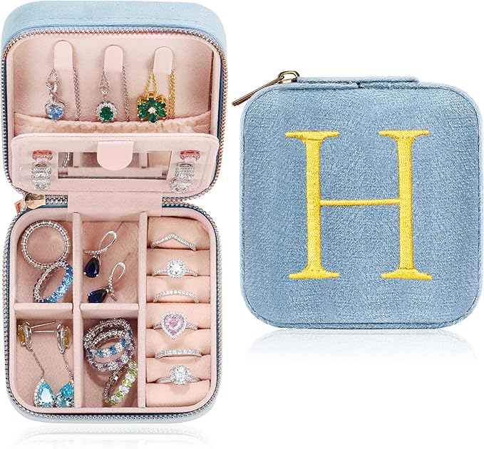 Parima Plush Velvet Travel Jewelry Case for Women - Small Jewelry Case Organizer Jewelry Box Birthday Mom Friends Female Her Teenage Gifts Idea, Vacation Travel Essentials - Letter H, Blue