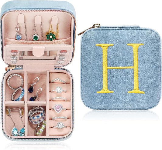 Parima Plush Velvet Travel Jewelry Case for Women - Small Jewelry Case Organizer Jewelry Box Birthday Mom Friends Female Her Teenage Gifts Idea, Vacation Travel Essentials - Letter H, Blue