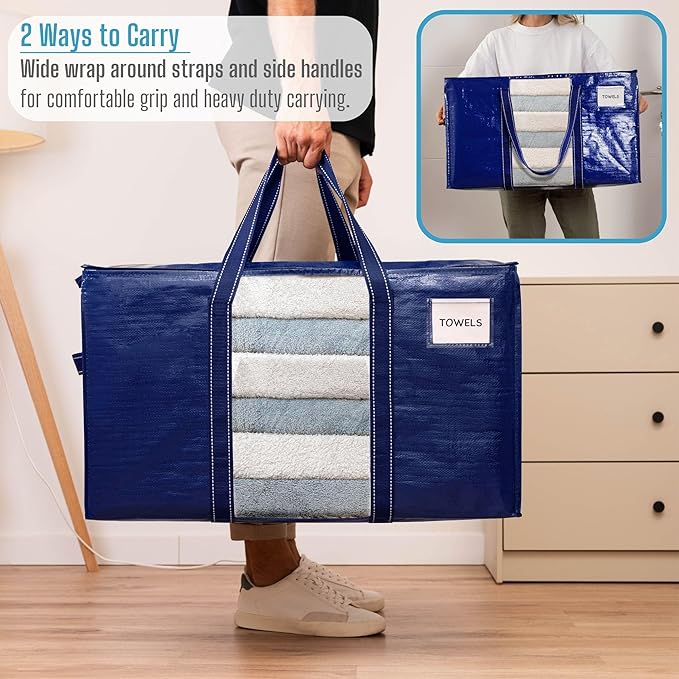 VENO 8 Pack Moving Bags, Moving Supplies, Moving Boxes, College Packing Storage Boxes with Lids Alternative, Heavy Duty Totes, Extra Large, Sturdy Handles, Zipper (Blue with Window, 8 Pack)