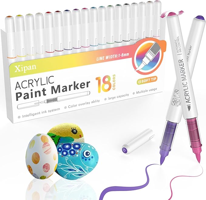 18 Colors Acrylic Paint Markers Brush Tip, Water-Based Paint Pens with Automatic Ink Control for Arts & Crafts, School, Classroom, Works on Paper, Metal, Wood, Ceramic, Glass, Rock, Canvas