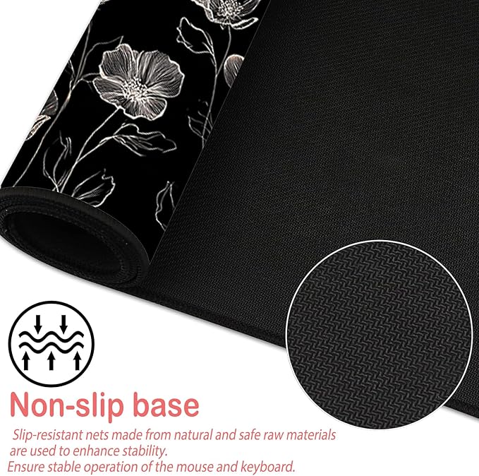 Nuxovilar Professional Large Mouse Pad & Computer Game Mouse Mat (35.4x15.7IN, Black & White Floral Line Art) (90 * 40cm Floral Line Art)