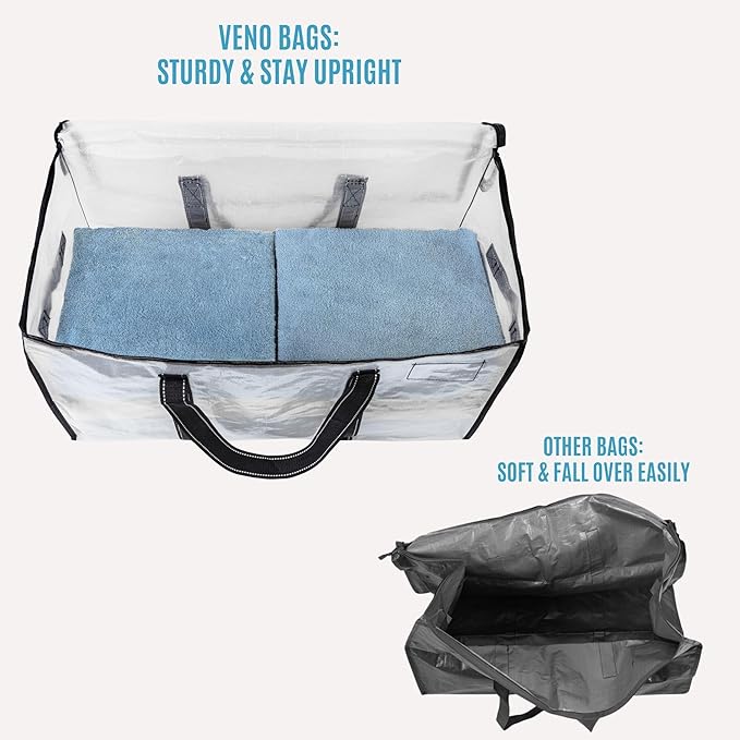 VENO 2 Pack Moving Bags, Moving Supplies, Moving Boxes, College Packing Storage Boxes with Lids Alternative, Heavy Duty Totes, Extra Large, Sturdy Handles, Zipper (Clear with Black Handles, 2 Pack)