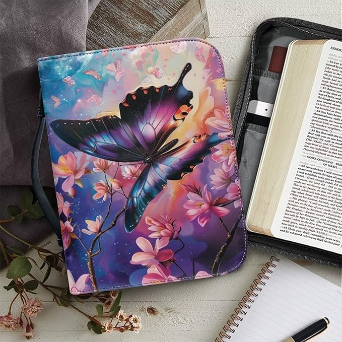 Lotusorchid Cherry Blossom Butterfly Printed Bible Bags, Faux Leather Bible Covers with Handle Pockets for Women, Blue Butterfly Sturdy Bible Bag for Girls Ages 8-12, Christian Bible Study Accessories