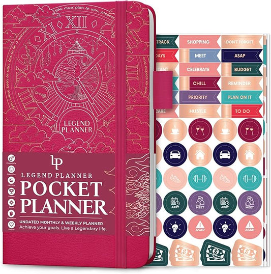 Legend Planner Pocket – Small Undated Monthly & Weekly Goal Journal and Calendar for Productivity, Mini Life Organizer Planner Perfect for Purse, Size: 3.5" x 6.2" Hardcover – Hot Pink