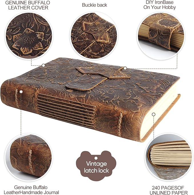 Leather Journal Notebook - Rustic Handmade Vintage Leather Bound Journals with Pencil Case for Men and Women - Leather Craft Unlined Paper 400 Pages, Leather Book Diary Notebook (8.6" x 6")