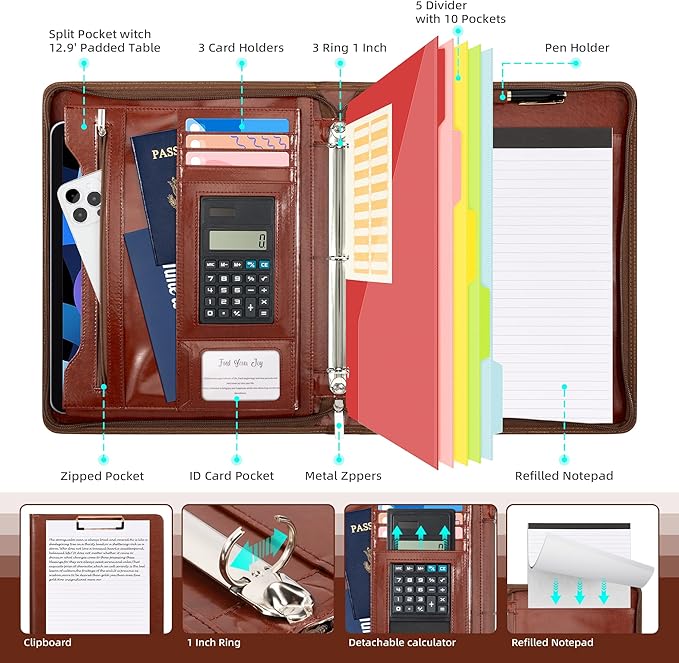 Ospelelf 3 Ring Binder Portfolio Folder with Zipper- Leather Padfolio with Clipboard Storage- Calculator, 12.1” Tablet Sleeve, 5 Dividers with Pocket, Refillable Notepad, Card Slot (Red Brown)