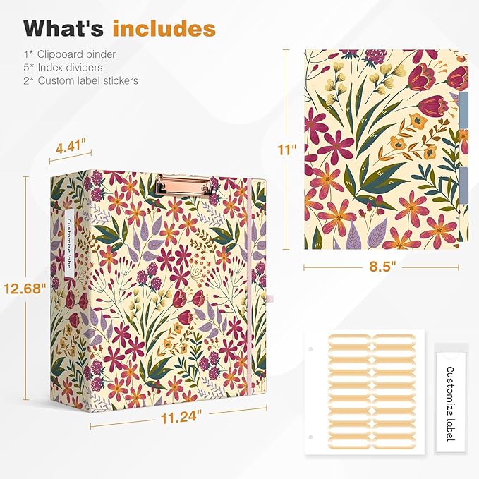 Ospelelf 3 Ring Binder for Letter Size Paper with 5 Tab Dividers, 3 Inch Ring, 4.4 Inch Spine, Floral Binder with Clip for School and Office Supplies