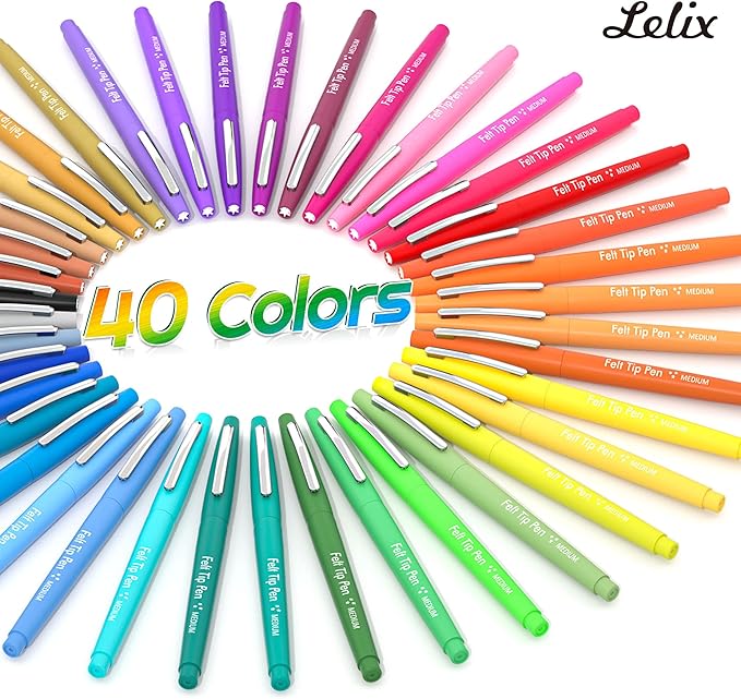Lelix 40 Colors Felt Tip Pens, Medium Point Felt Pens, Assorted Colors Markers Pens For Journaling, Writing, Note Taking, Planner Coloring, Perfect as Art Office and School Supplies