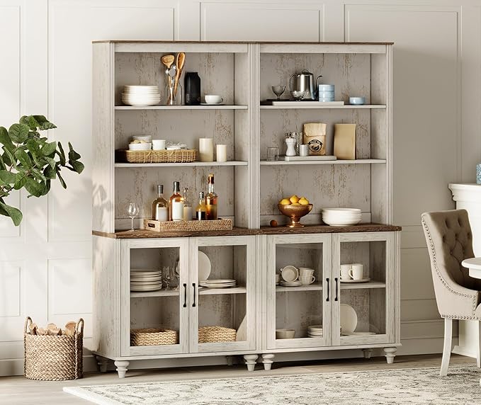 WAMPAT 5 Tier Bookshelf, Bookcase with Glass Doors,Large Farmhouse Display Book Shelf with Adjustable Shelves and Storage Cabinet，Library Wood Bookshelves for Living Room,Kitchen, Rustic White (2PCS)