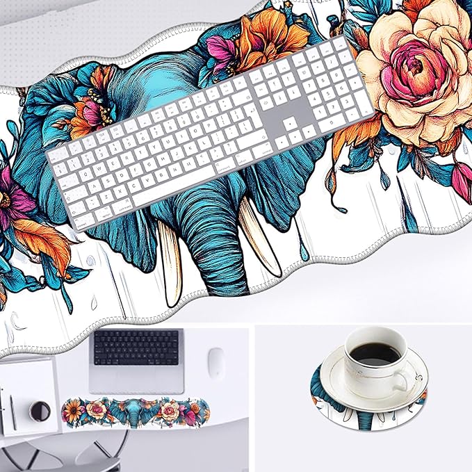 Large Mouse Pad and Keyboard Wrist Rest, Desk Pad for Keyboard and Mouse, 4-in-1 Large Gaming Mouse Pad with Wrist Support, Desk Mat for Home Office Study Game-Floral Elephant