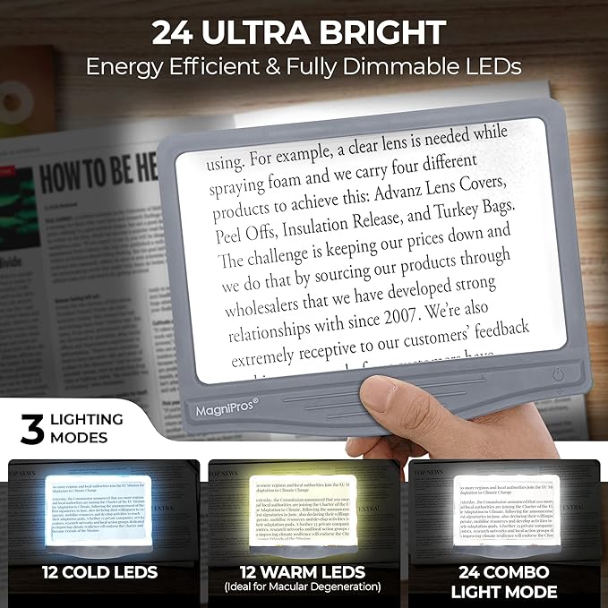 MAGNIPROS Patented 5X Large LED Page Magnifying Glass with Collapsible & Detachable Stand | 3 Color Modes & Anti-Glare Lens to Reduce Eye Strain- Ideal for Reading Fine Print, Crafting, Low Vision