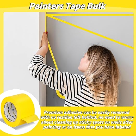 12 Rolls Yellow Painters Tape Bulk 2 inch x 660 Yards, Painters Masking Tape No Residue Wall Painting Tape Artist Tape Trim Edge Finishing Tape for Wall Painting Decoration DIY Supplies