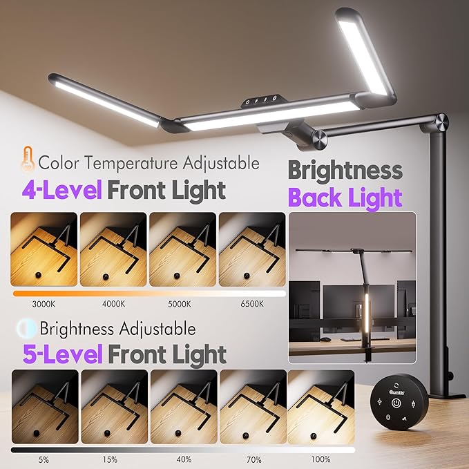 Quntis 32.5" Architect Desk Lamps for Office Home Dorm - Eye Care 3 Light Bar 1100LM Bright, Ambient Backlight, Radar Sensor, Remote Control, 2H Timer, Workbench Drafting Reading Video Conference Task