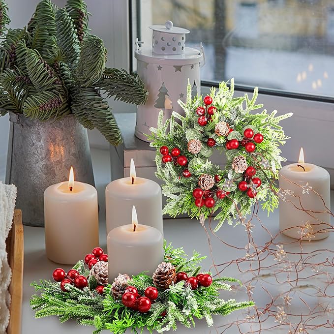 Lyrow 8 Pcs Christmas Candle Rings Wreath Xmas Kitchen Cabinet Mini Wreath Artificial Berries Snowy Pine Candle Ring Holder for Christmas Chandelier Home Table Centerpiece Indoor Decor
