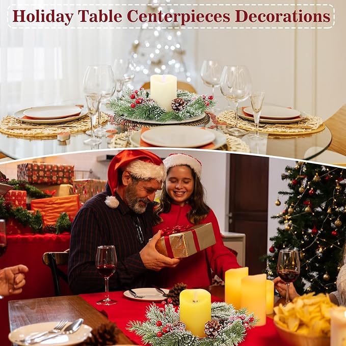 Christmas Candle Rings - Set of 4 Artificial Red Berries and Pinecones Candle Rings 10 Inch Xmas Candle Wreaths for Christmas Thanksgiving Kitchen Window Table Centerpieces
