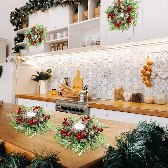 Lyrow 12 Pcs Christmas Candle Rings Wreath Xmas Kitchen Cabinet Mini Wreath Artificial Berries Snowy Pine Candle Ring Holder for Christmas Chandelier Home Table Centerpiece Indoor Decor