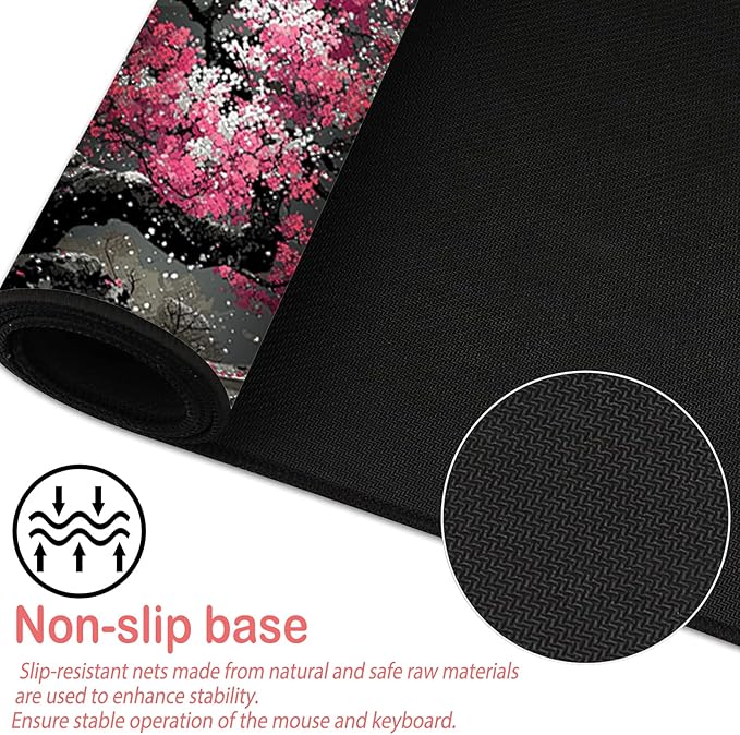 Nuxovilar Professional Large Mouse Pad & Computer Game Mouse Mat (35.4x15.7IN, Japanese Cherry Blossom & Moon Art) (90 * 40cm Japanese Cherry Blossom)