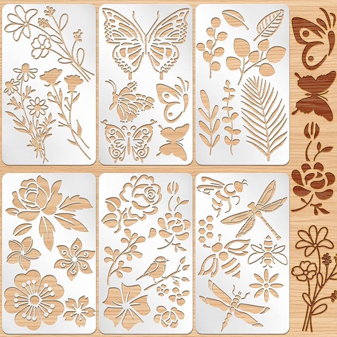 Lewtemi 6 Pcs Mixed Metal Stencil Wood Stencil Templates Stencils for Journaling Burning Stencils for Wood Carving Drawing Engraving Scrapbooking Journal Craft DIY(Plant Style)