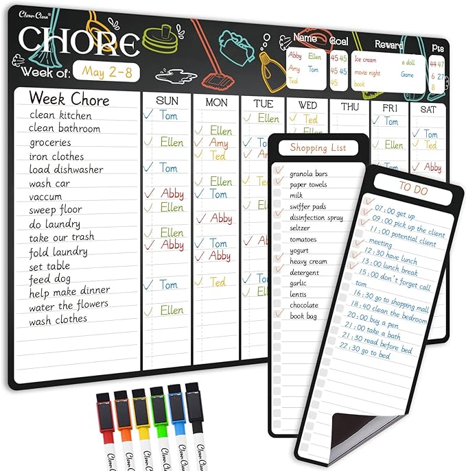 Magnetic Dry Erase Chore Chart - 17"x12" Dry Erase Chore Board for Kids, Teens, Adults - 4"x12" List Board 2 Pcs - 6 Extra Fine Point Markers Included - Shipped Flat