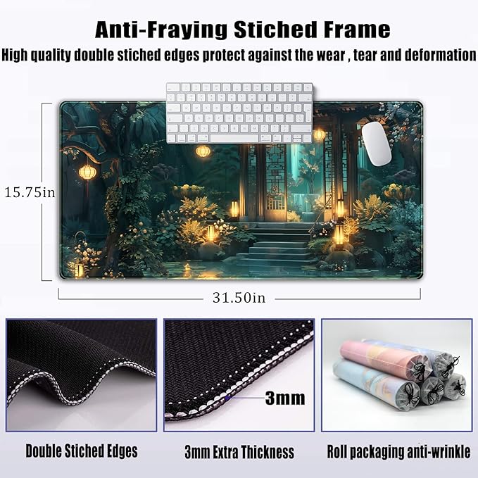 Lofi Desk Mat Japanese Large Mouse Pad Extended Gaming Mousepad XXL Computer Laptop Keyboard Pad Big Mouse Mat Green Aesthetic Desk Pad Office Decor 31.5x15.7 in