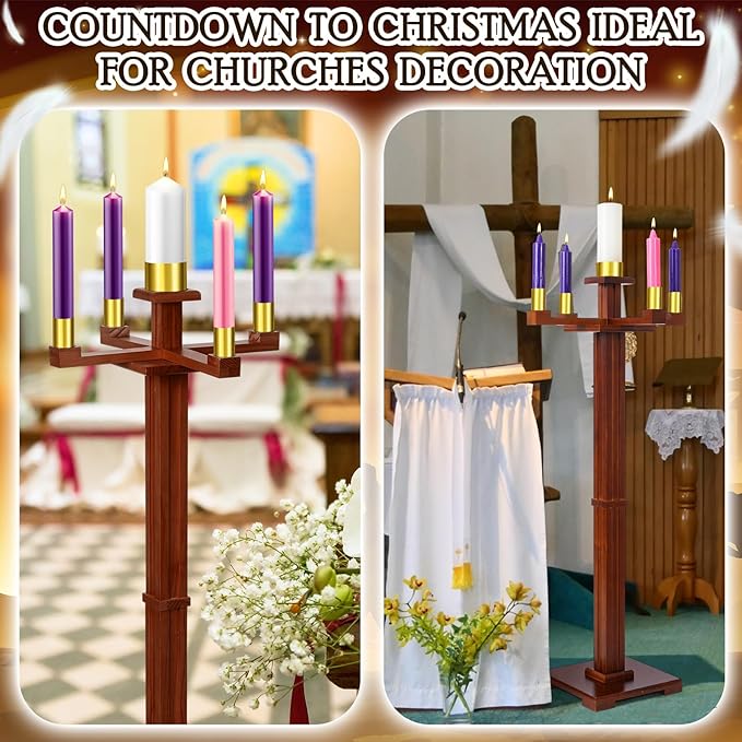 Mumufy 48 Inch Tall Advent Church Stand Candleholder Set of 5 Purple Pink White Candles Wood Nativity Candle Stand with Metal Arch Christmas Candlestick Holder for Christmas Church Holy (Deep Wood)