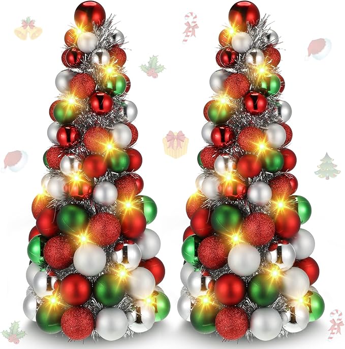 Meooeck 2 Pcs Christmas Ball Tree with Lights 16 Inch LED Fireplace Table Holiday Xmas Tree Decorations Tabletop Christmas Beach Decorations for Party(Red, Silver, Green)