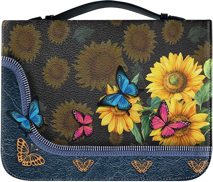 Lotusorchid Butterfly Sunflower Faux Leather Bible Covers for Women, Portable Zippered Bible Carrying Case Bible Tote Bag for Women Girls, Christian Bible Study Accessories, Blue,XL