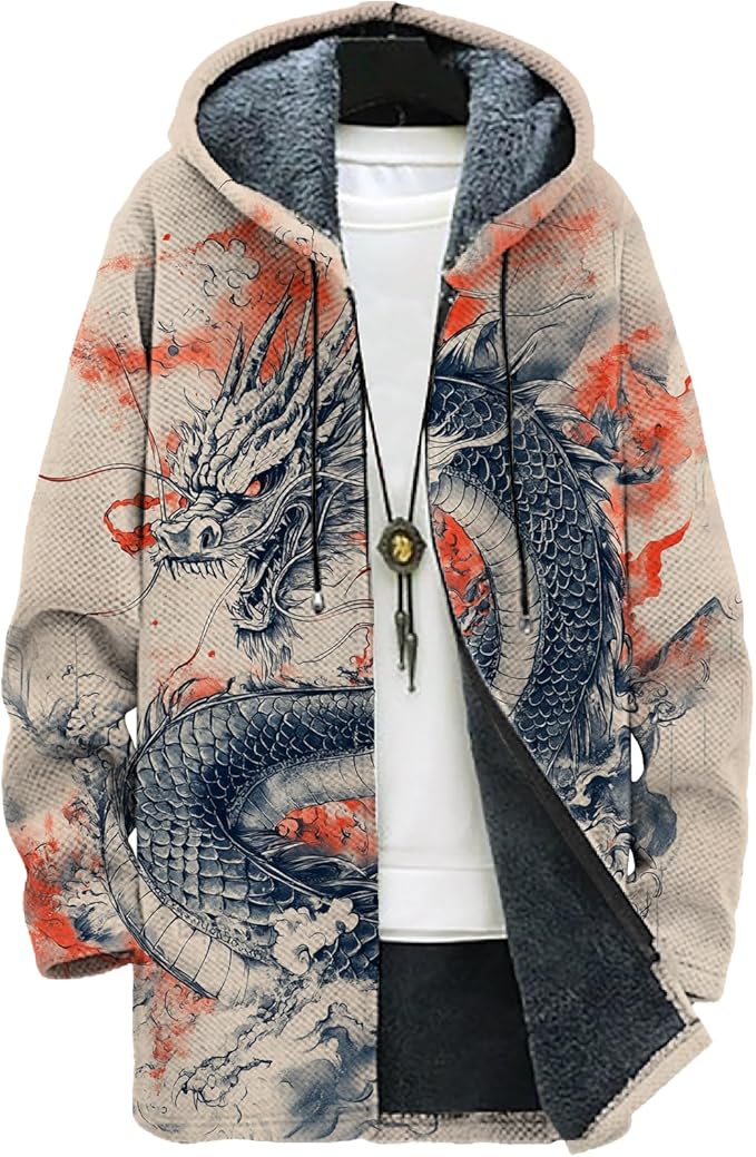 MARSVOVO Mens Cardigan Sweater Cool Graphic Lined Fleece Long Coat Zip With Pockets Fashion Coat Warm Fitted Jacket