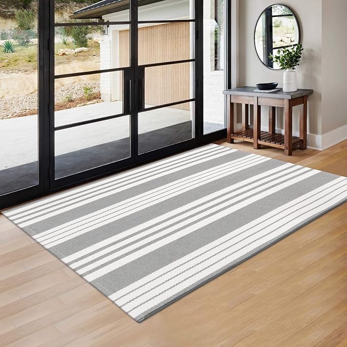 OJIA Entryway Rug 3'x5' Cotton Hand Woven Christmas Front Door Mat Holiday Doormat Machine Washable Outdoor Rugs Grey and White Striped Entry Rug Porch Rugs for Farmhouse/Bedroom/Home Entrance Decor