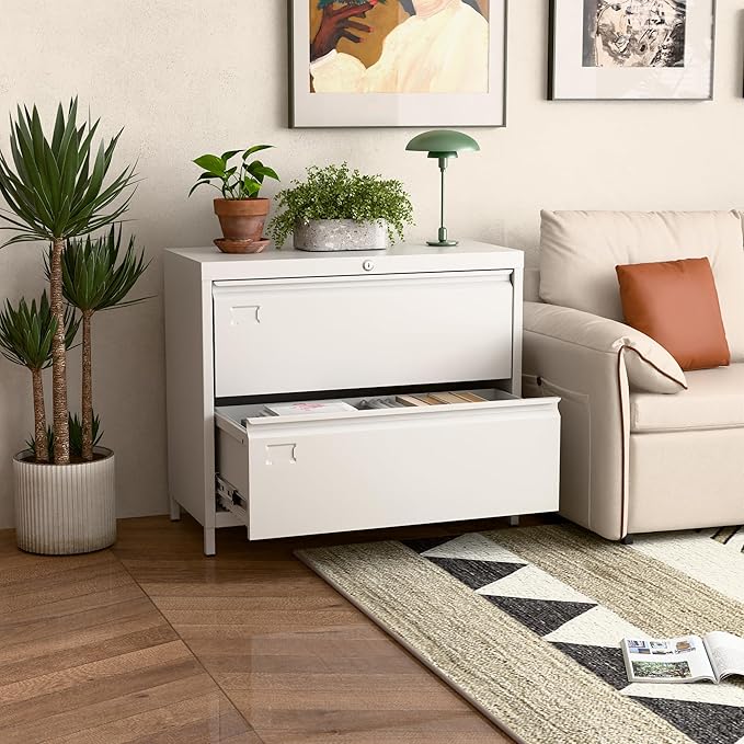 Metal Lateral File Cabinet, 2 Drawers Lateral Filing Cabinet, Office Wide Storage File Cabinet for Letter/Legal/A4 Size, Assembly Required
