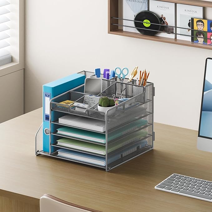 Lavatino 5-Tier Metal Mesh Desk Organizer with File Holder & 7 Customizable Compartments | Paper Letter Tray for Office or Home Desk Storage | Keep Workspace Supplies Neat & Organized, Silver
