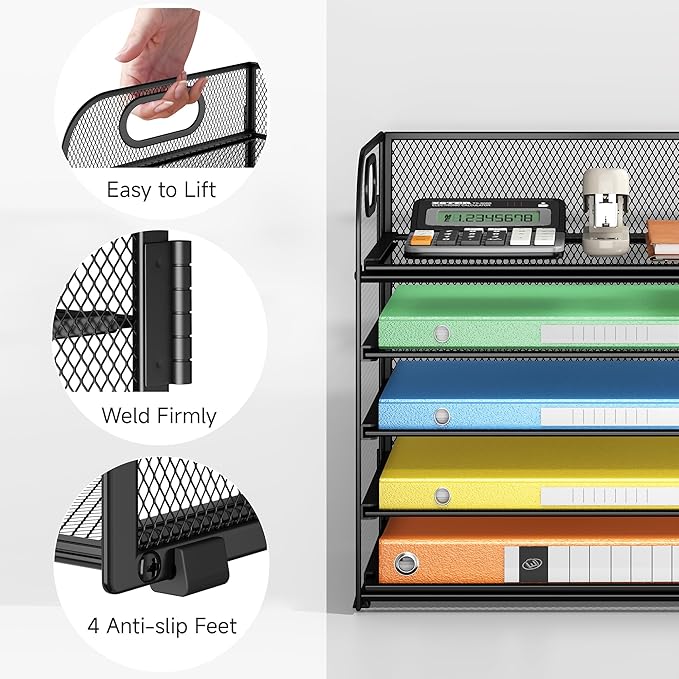 Lavatino 5 Tray Desk File Organizer, Black Mesh Paper Sorter Letter Tray Organizer with Handle, Desktop File Organizer and Storage for Letter/A4 Office File Folder