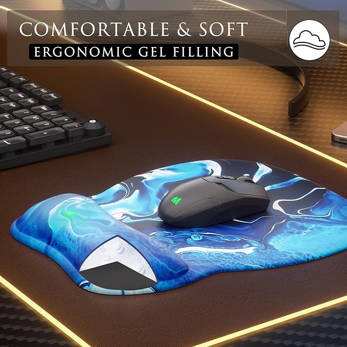 MROCO Ergonomic Mouse Pad with Gel Wrist Rest, Comfortable Mousepad with Smooth Wrist Support Surface and Non-Slip PU Base for Pain Relief, Computer, Laptop, Office & Home, 9.4 x 8.1 in, Blue Waves