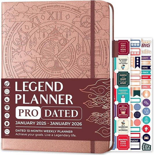 Legend Planner PRO Dated Jan 2025-Jan 2026 – Deluxe Weekly & Daily Organizer with Time Slots. Appointment Book Journal for Work & Time Management, A4 Hardcover (Rose Gold)