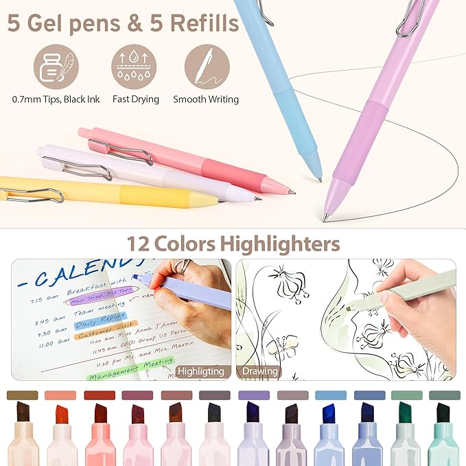 DazSirit 62 PCS Aesthetic School Supplies with Foldable Pencil Case, 12 Pastel Highlighters, 4 Erasable Pens, 5 Gel Pens, 6 Mechanical Pencils, Sticky Notes, Complete Stationery Kit for Teens, Green