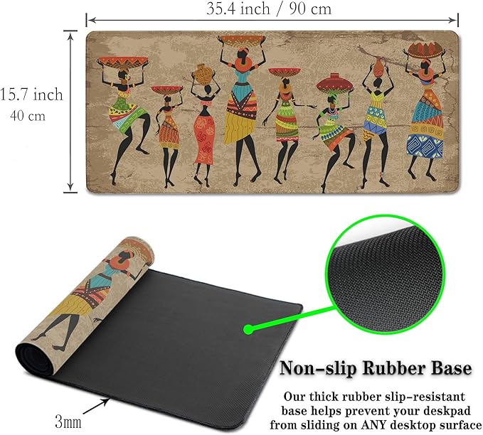 Large Mousepad African Woman Office Decor Gaming Mousepads Computer Desk Mat Mat Mouse Pad Waterproof Non-Slip Rubber Base 35.4 X 15.7 for Game Office, Grunge African Dancer