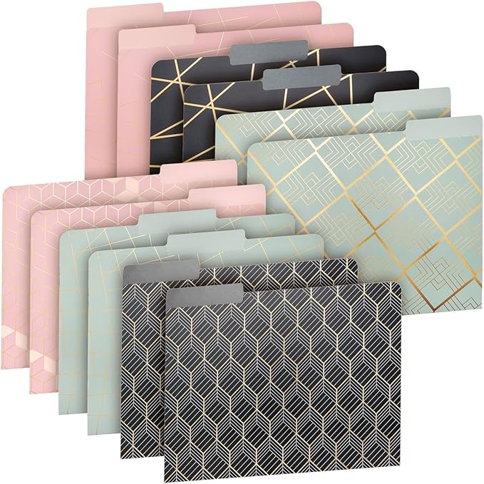 Paper Junkie Decorative File Folders - 11.5 x 9.5 in, Pink Pack of 12 - Cute Geometric Accents & Gold Foil 1/3 Tab - Pretty Colored folders for Office Supplies & School