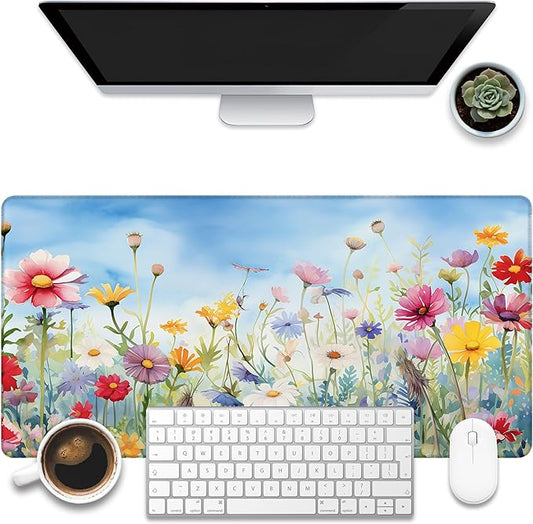 Large Gaming Mouse Pad, Colorful Wildflowers in Field Desk Mat, Watercolor Flowers Desk Pad, 31.5"x15.7" Extended Big Computer Keyboard Mouse Pad with Non-Slip Base and Stitched Edge