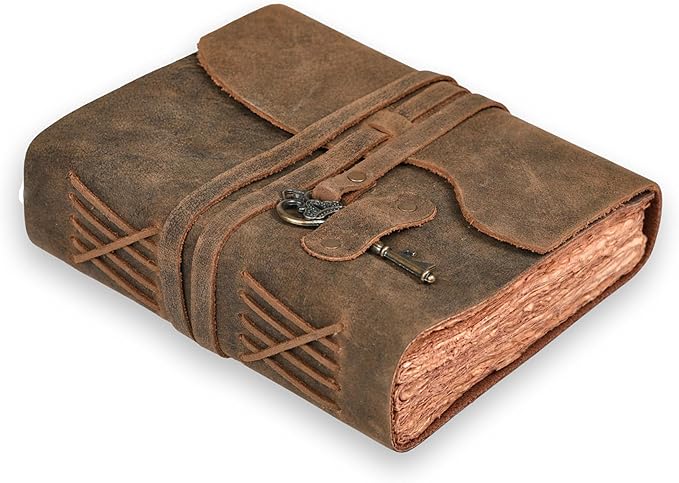 LEATHER VILLAGE Vintage Leather Journal – 200 Handmade Vintage Deckle Edge Paper – Leather bound Journal For Women Men – Vintage Key Closure - Book of Shadows - Chocolate Brown - 13X8 inches