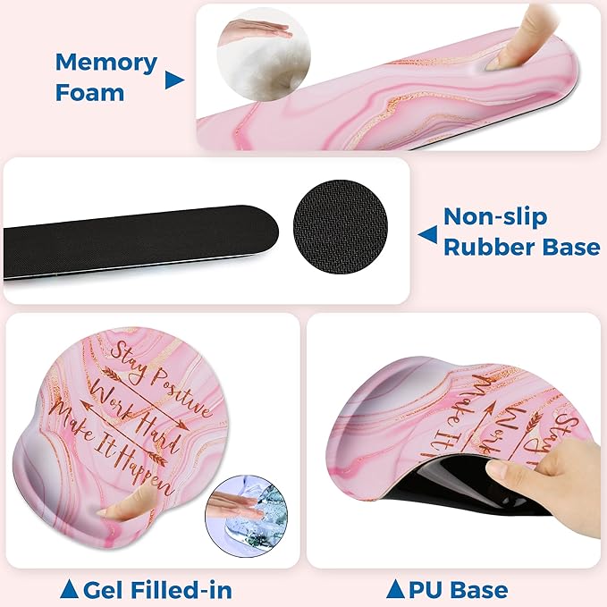 Mouse Pad and Keyboard Wrist Rest Support, with Non-Slip PU Base,Gel Mouse Pad with Coaster,Pain Relief for Gaming, Computer,Office -Pink Positive 3